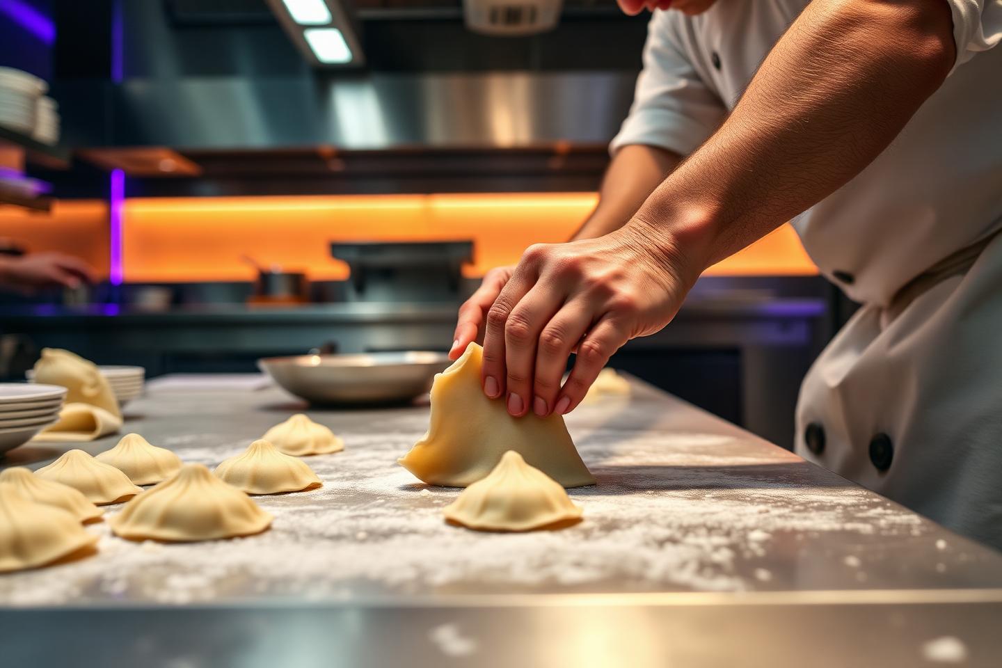 Chefs folding dumplings in the Panda's Dumplings kitchen