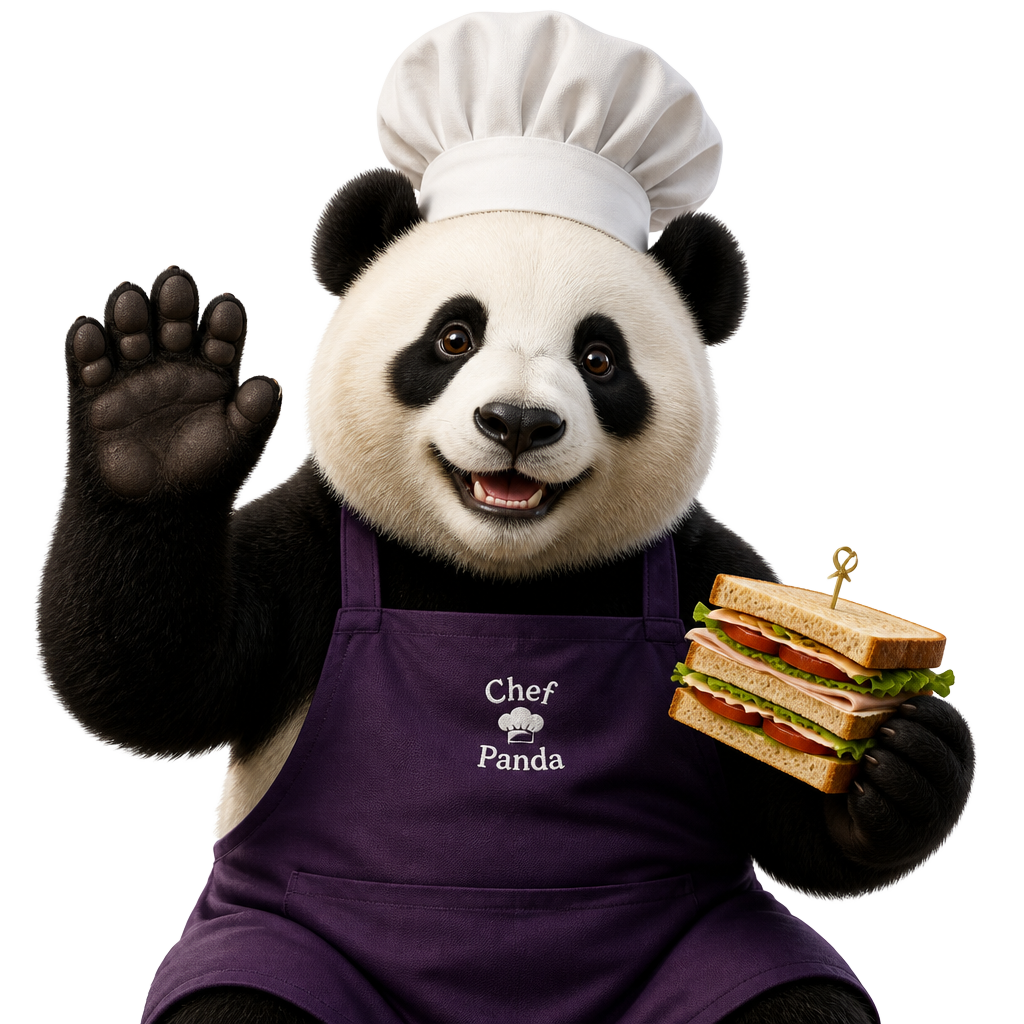 Panda chef waving hello while holding a club sandwich