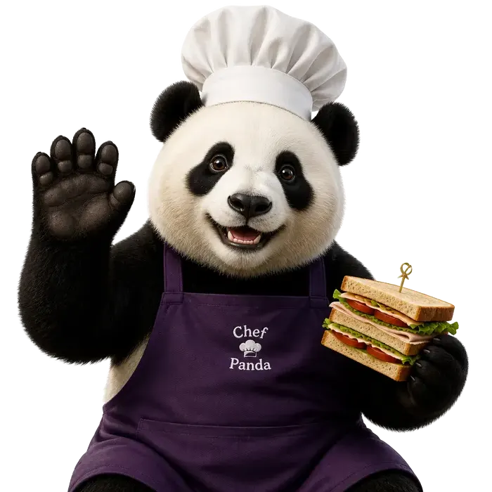 Panda chef waving hello while holding a club sandwich
